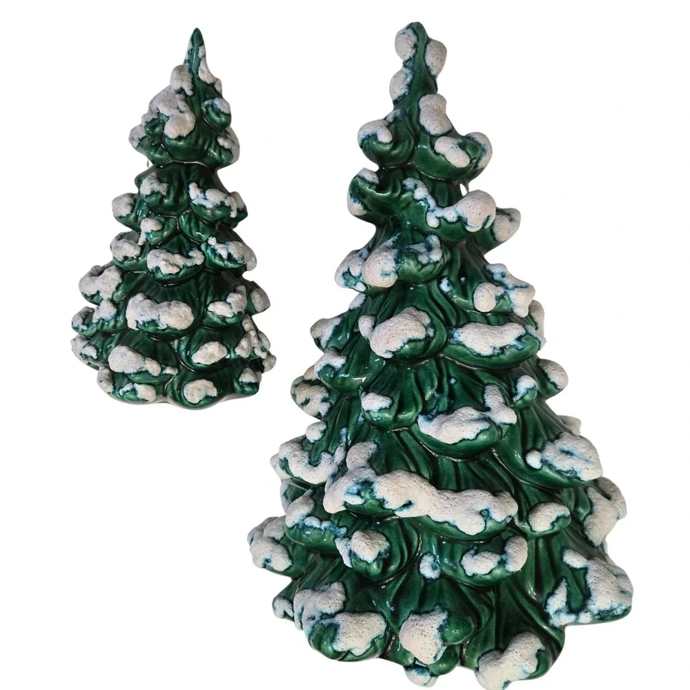 Set (2) Vintage Artisan Made Holland Mold Ceramic Snow Covered Tree 6